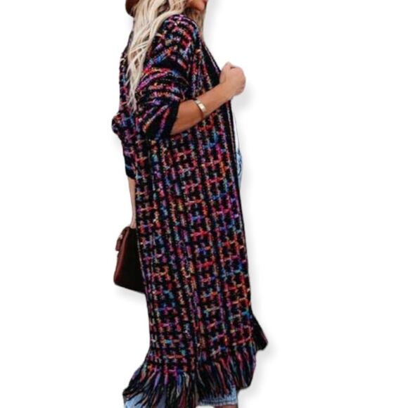 Long Sleeve Open Front Fringe Trim Patchwork Cardigan Sweater Jacket NEW - Picture 4 of 4